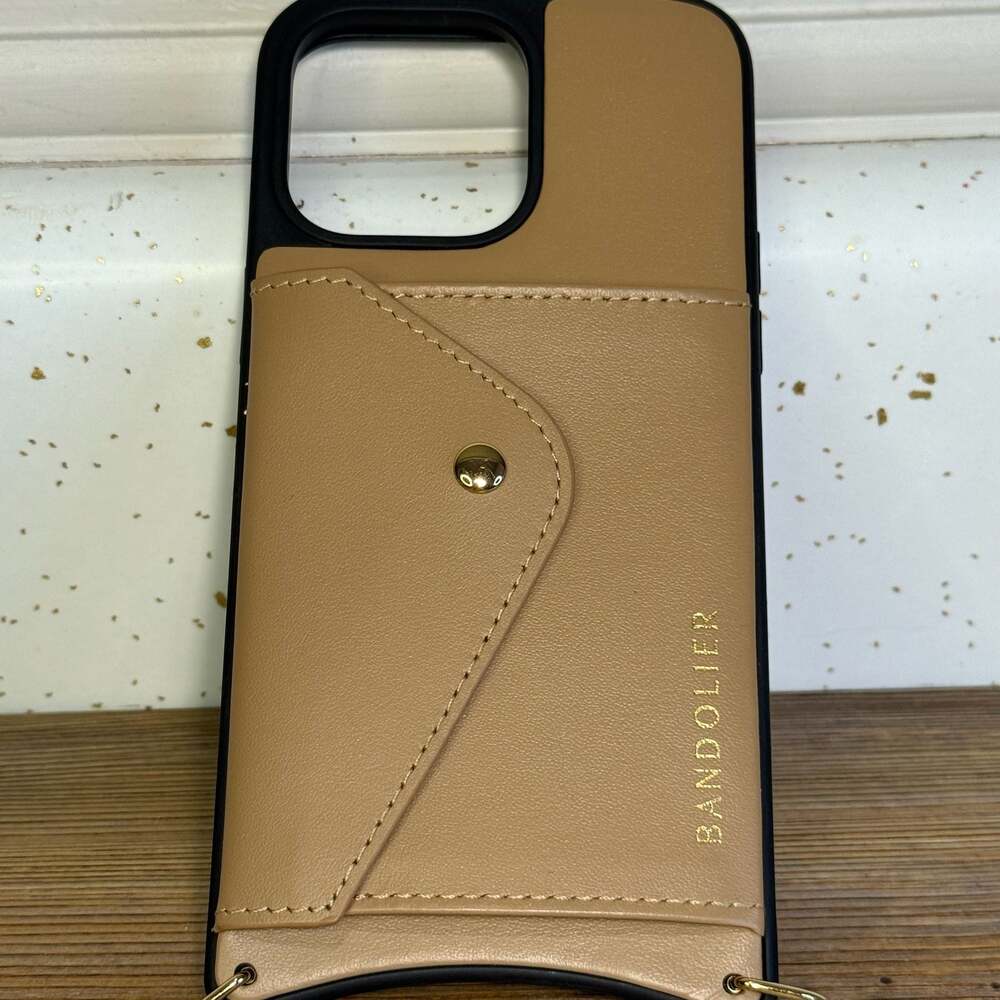 Bandolier Emma Tan Leather Crossbody 15 Pro iPhone Case with Gold Hardware